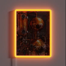 Load image into Gallery viewer, Industrial Chic Steampunk Inspired Distillery Sign with RGB Neon Accents