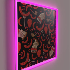 German-inspired Neon Sign Featuring Bratwurst and Music Notes in Black