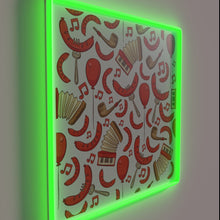 Load image into Gallery viewer, Bratwurst and music-inspired Oktoberfest pattern in vibrant RGB neon colors.