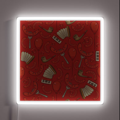 Traditional German-inspired neon sign with bratwurst music pattern design.
