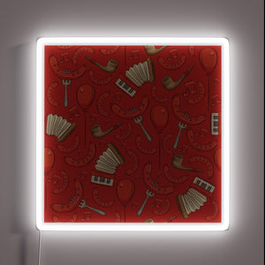 Traditional German-inspired neon sign with bratwurst music pattern design.