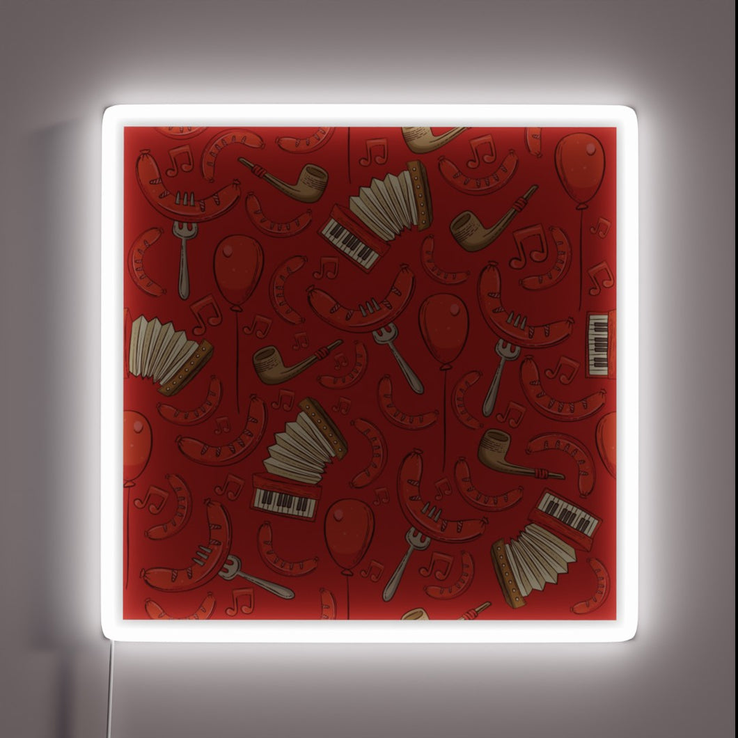 Traditional German-inspired neon sign with bratwurst music pattern design.