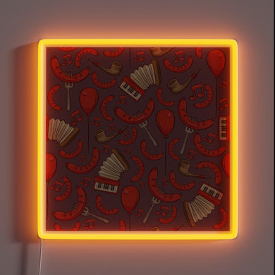 Vibrant Neon Sign Depicting Bratwurst and Musical Notes of Oktoberfest