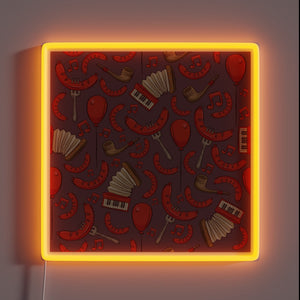 Vibrant Neon Sign Depicting Bratwurst and Musical Notes of Oktoberfest