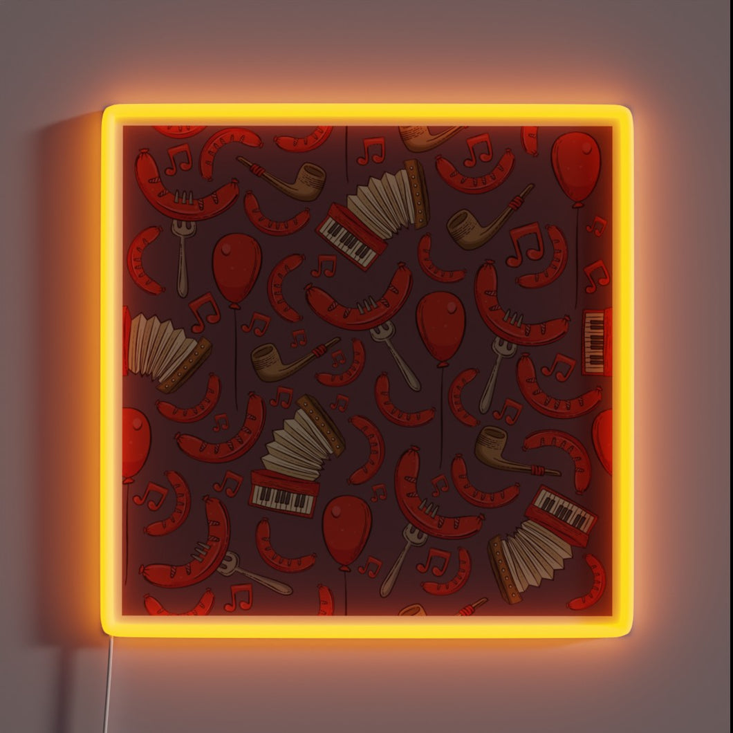 Vibrant Neon Sign Depicting Bratwurst and Musical Notes of Oktoberfest