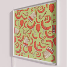 Load image into Gallery viewer, Vibrant Bratwurst and Music Oktoberfest Pattern in Key Lime Neon Lighting
