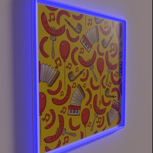 Vibrant neon Oktoberfest pattern featuring bratwurst and marigolds in bold color.