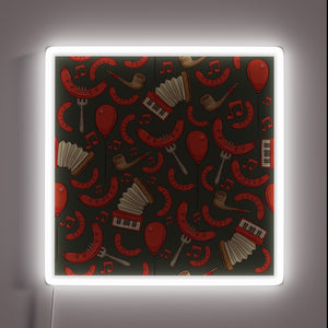 German-inspired Bratwurst and music themed Oktoberfest pattern pewter neon sign.