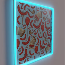 Load image into Gallery viewer, Neon Oktoberfest decor with bratwurst design in sky blue hue.