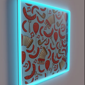 Neon Oktoberfest decor with bratwurst design in sky blue hue.