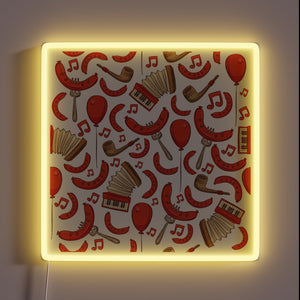 Vibrant Bratwurst and music-inspired neon lights for Oktoberfest celebrations atmosphere