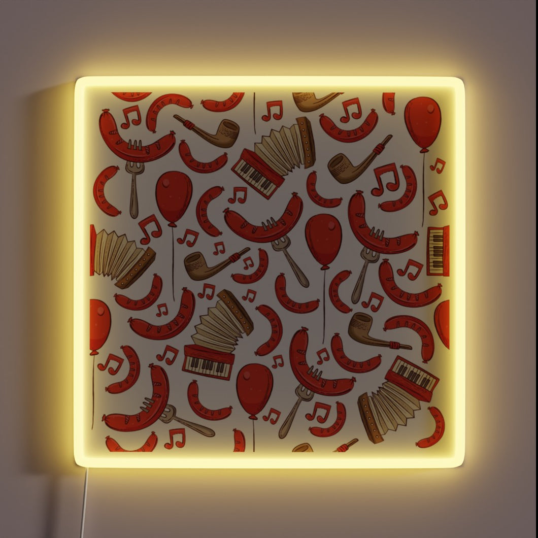 Vibrant Bratwurst and music-inspired neon lights for Oktoberfest celebrations atmosphere