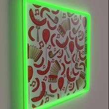 Load image into Gallery viewer, Vibrant Neon Sign Featuring Bratwurst and Musical Notes in White.