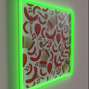 Vibrant Neon Sign Featuring Bratwurst and Musical Notes in White.