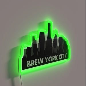 Brew-tiful NYC nostalgia in vibrant RGB glow on metal.