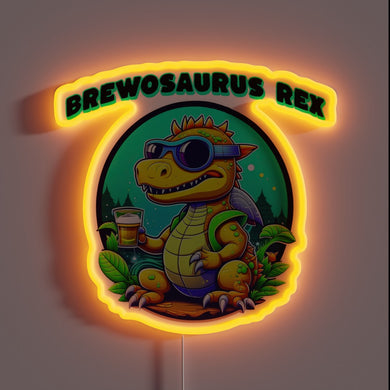 RGB lit neon sign featuring a beer drinking T-Rex