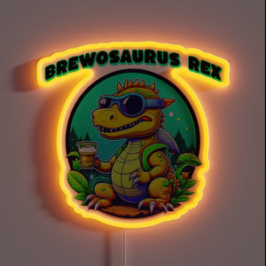 RGB lit neon sign featuring a beer drinking T-Rex