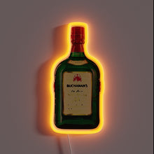 Load image into Gallery viewer, Alt text: *Neon sign shaped like a green Buchanan’s whiskey bottle with glowing orange outline on a dark wall.*