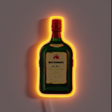 Alt text: *Neon sign shaped like a green Buchanan’s whiskey bottle with glowing orange outline on a dark wall.*