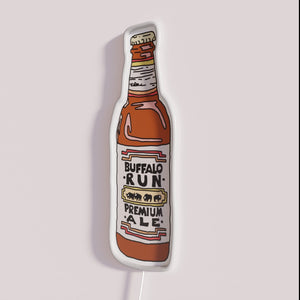 Neon beer bar decor featuring Buffalo Run Amber Ale branding