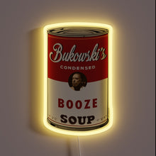 Load image into Gallery viewer, Neon sign illuminates &#39;Bukowski Booze Soup&#39; with bold, colorful letters