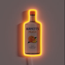 Load image into Gallery viewer, Neon sign shaped like a Burnett&#39;s Peach vodka bottle with an orange glow.
