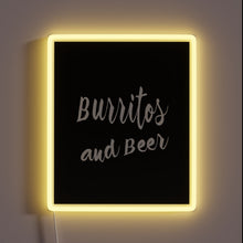 Load image into Gallery viewer, Vibrant RGB neon sign illuminating burritos and beer passions everywhere.