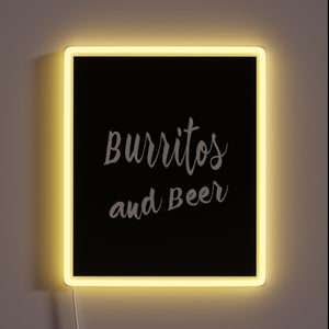 Vibrant RGB neon sign illuminating burritos and beer passions everywhere.