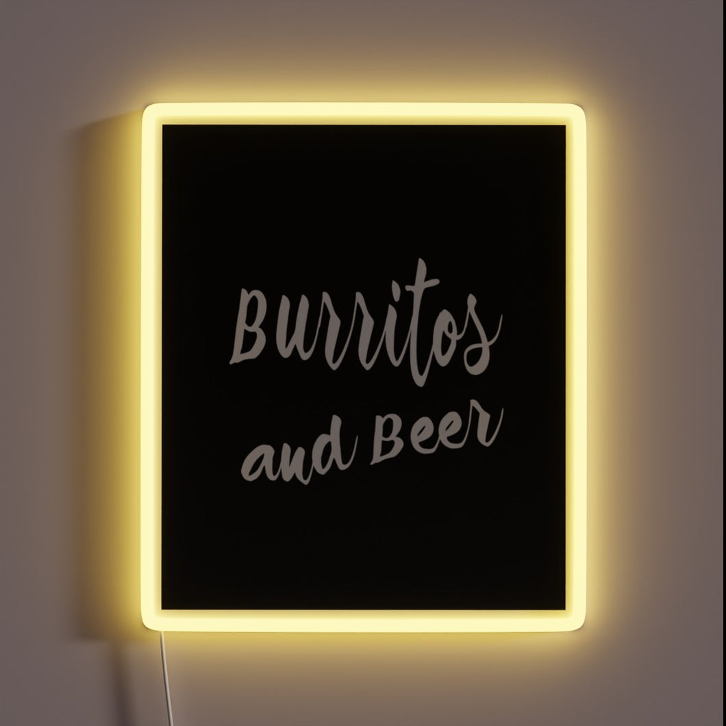 Vibrant RGB neon sign illuminating burritos and beer passions everywhere.