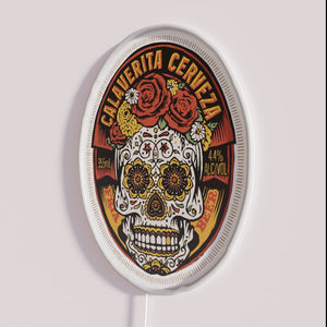 Vibrant Calaverita beer bar decor with colorful RGB neon lighting effects