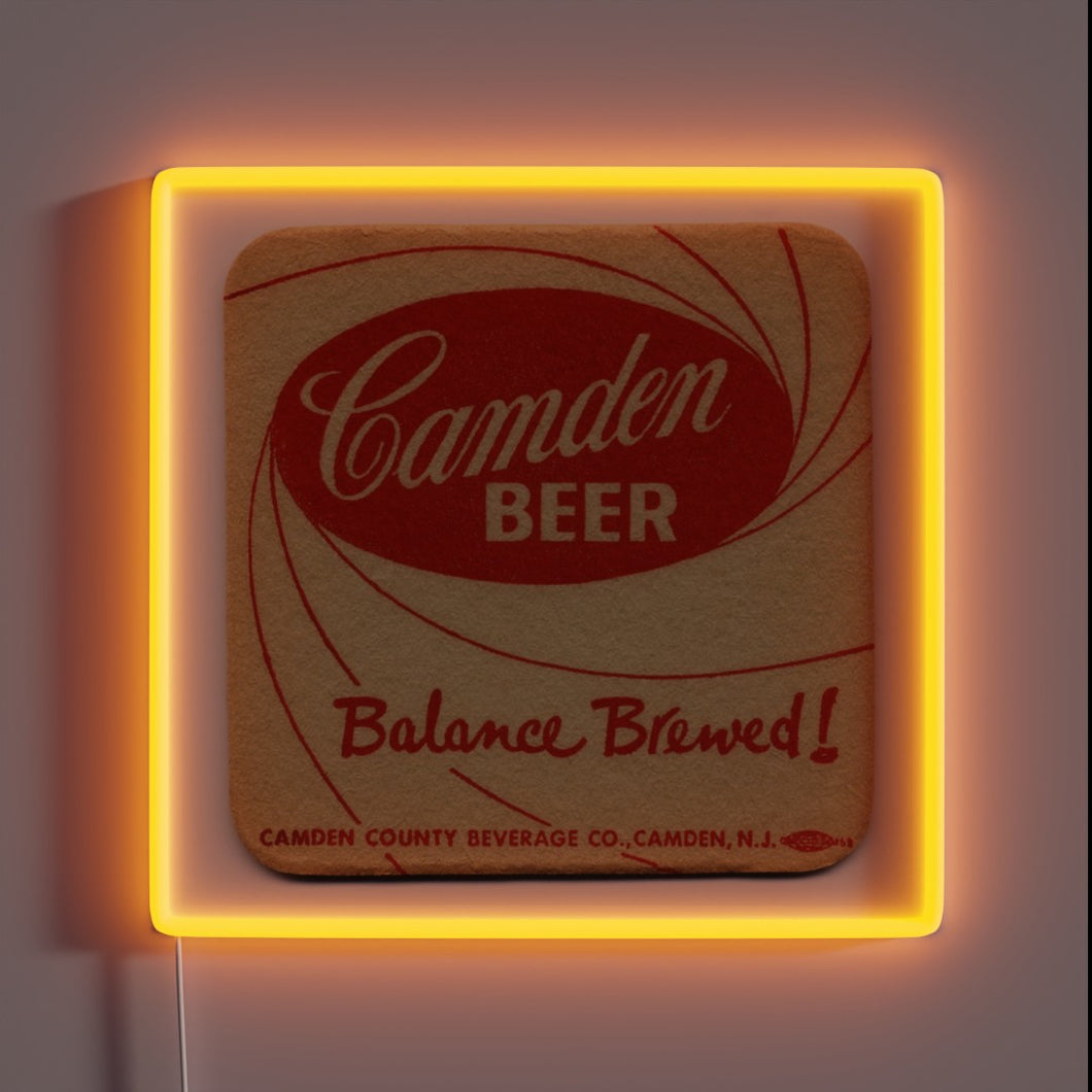 Neon beer sign featuring iconic Camden Brewery colors in RGB