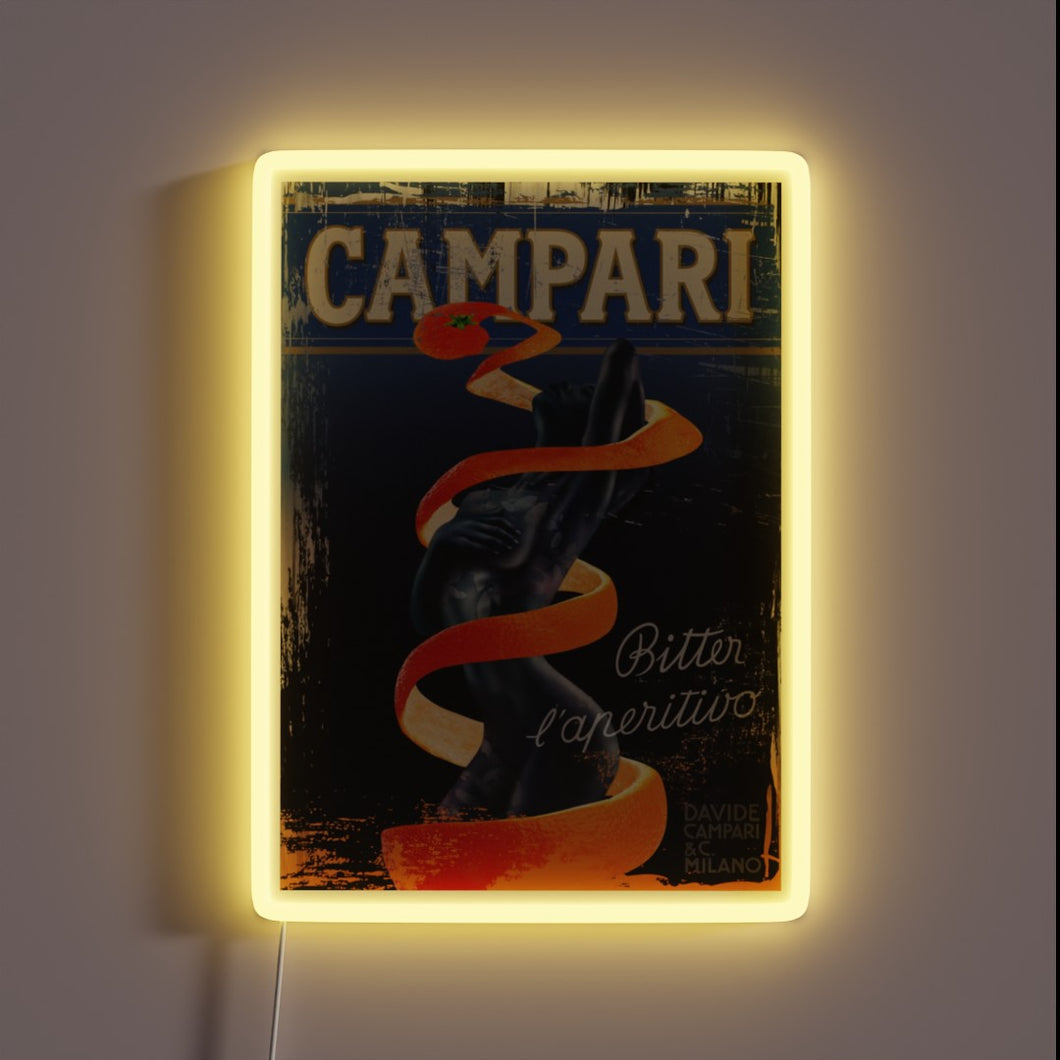 Vintage Campari neon sign with orange peel and classic artwork.