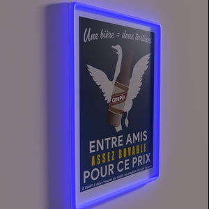 Retro chic French beer bar decor with vibrant neon glow.