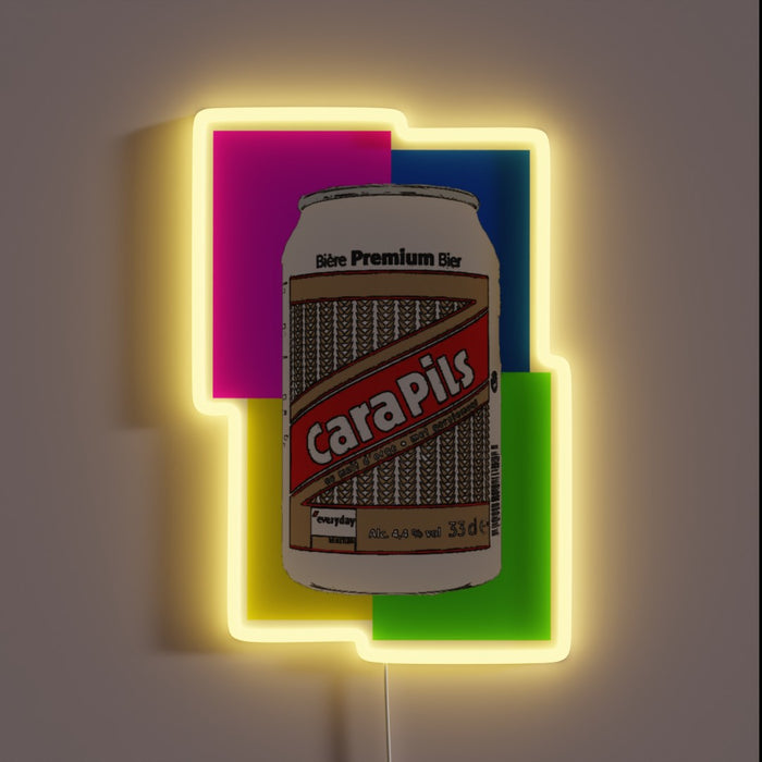 Vibrant RGB lighting on hand-painted Cara Pils beer sign design.