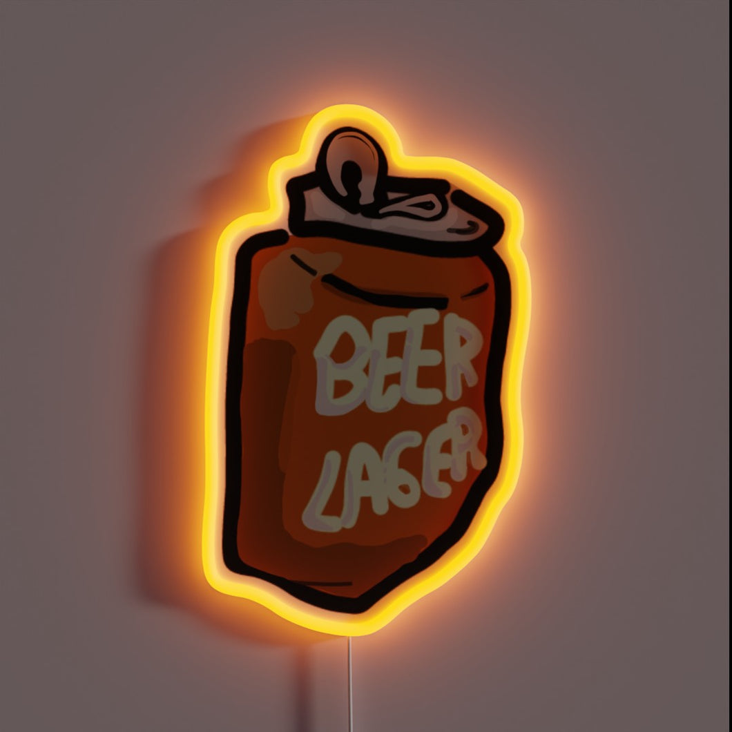 Vibrant RGB Neon Sign Featuring Colorful Cartoon Beer Can Design