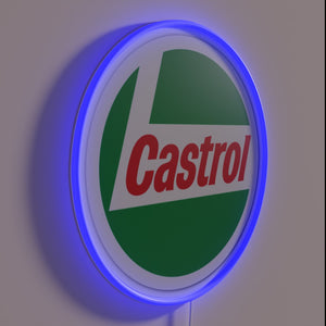 Neon Sign with Vibrant Colors Featuring Castrol Oil Logos Illuminated