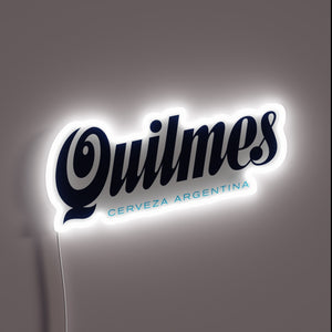 Neon illuminated logo of Argentine beer brand Quilmes in RGB.
