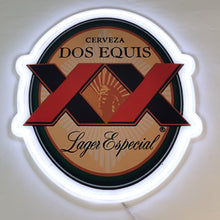 Load image into Gallery viewer, Cerveza Dos Equis neon LED RGB sign glowing brightly with smooth color transitions, creating a bold and dynamic centerpiece for bar decor or celebrations