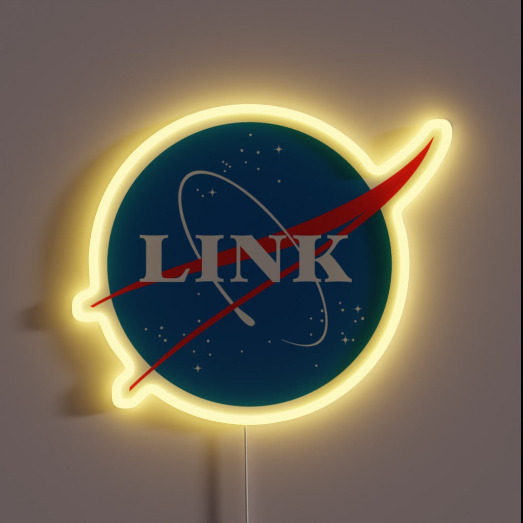 Neon sign styled like the NASA logo with the word 