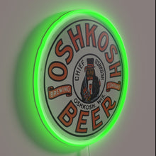 Load image into Gallery viewer, Vibrant Chief Oshkosh beer sign with RGB neon lighting accents