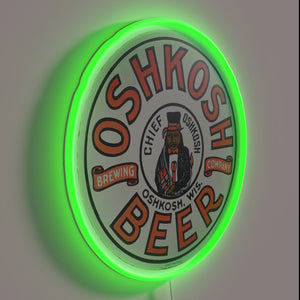 Vibrant Chief Oshkosh beer sign with RGB neon lighting accents