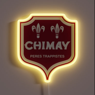 Chimay beer neon sign with red shield and yellow LED glow