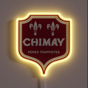 Chimay beer neon sign with red shield and yellow LED glow