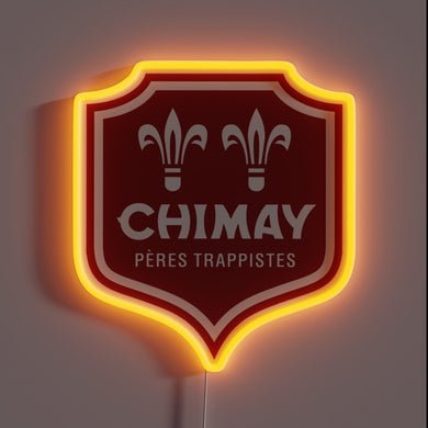 Chimay Trappist beer logo neon sign with red shield and fleur-de-lis.