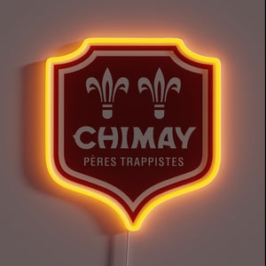 Chimay Trappist beer logo neon sign with red shield and fleur-de-lis.