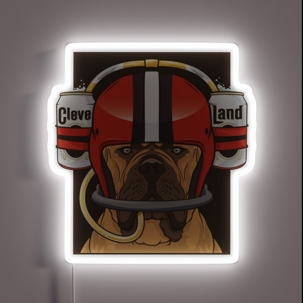 RGB illuminated LED sign featuring Browns beer helmet design logo
