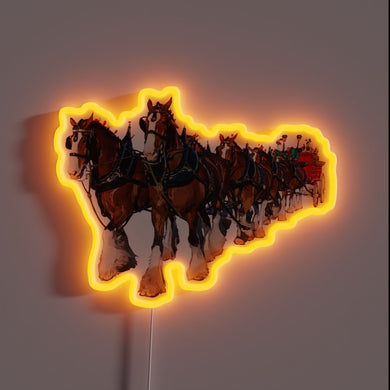 Glowing eight-horse Clydesdale hitch tribute with vibrant RGB neon accents
