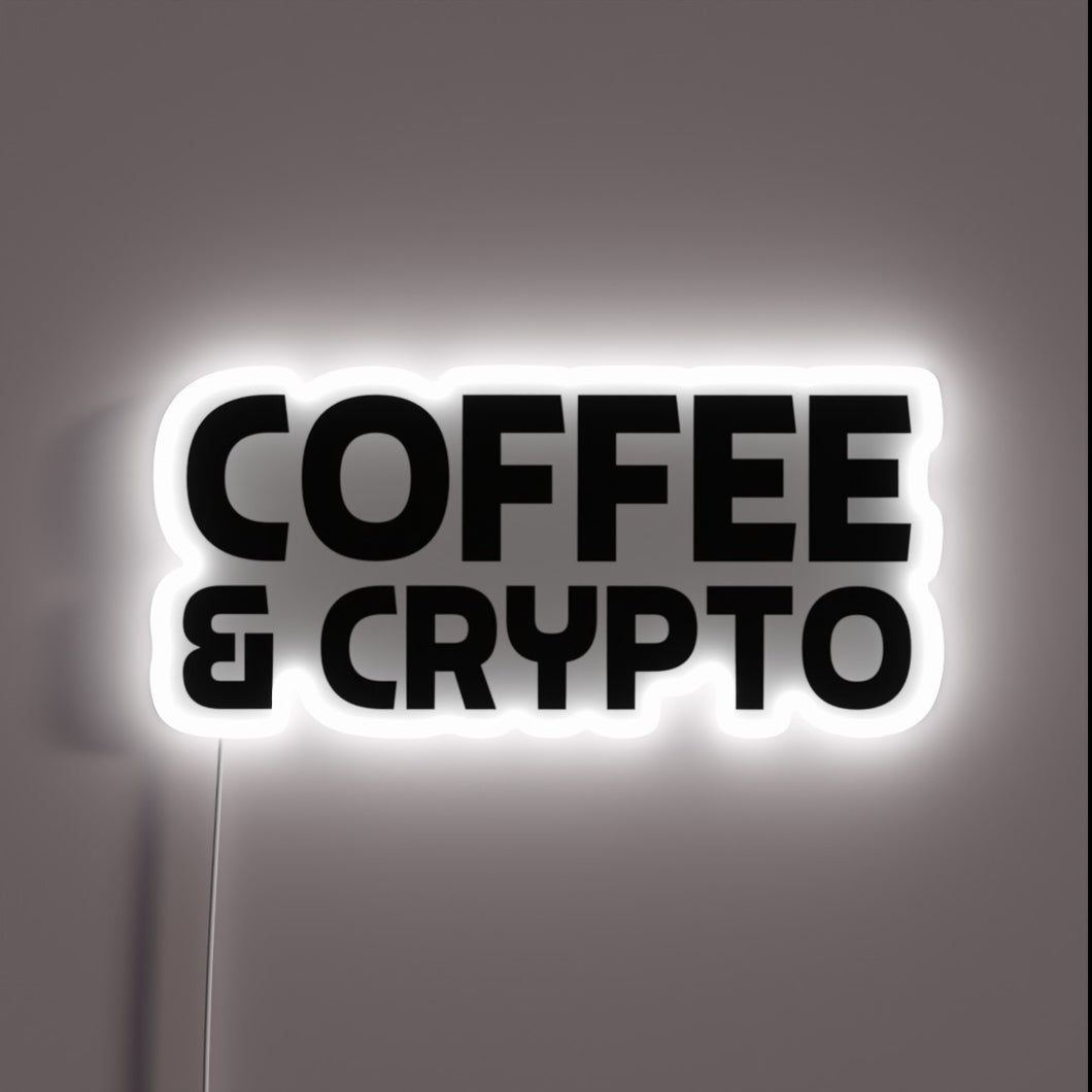Neon sign with bold black text reading “COFFEE & CRYPTO” outlined by a glowing white light.
