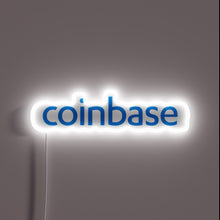 Load image into Gallery viewer, Neon sign with the word &quot;coinbase&quot; in blue lowercase letters, surrounded by a glowing white outline.
