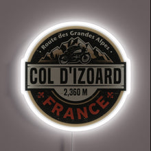 Load image into Gallery viewer, Neon sign showcasing **Col d&#39;Izoard** design with motorcycle and mountain graphics — glowing wall decor for alpine riders and French Alps lovers.